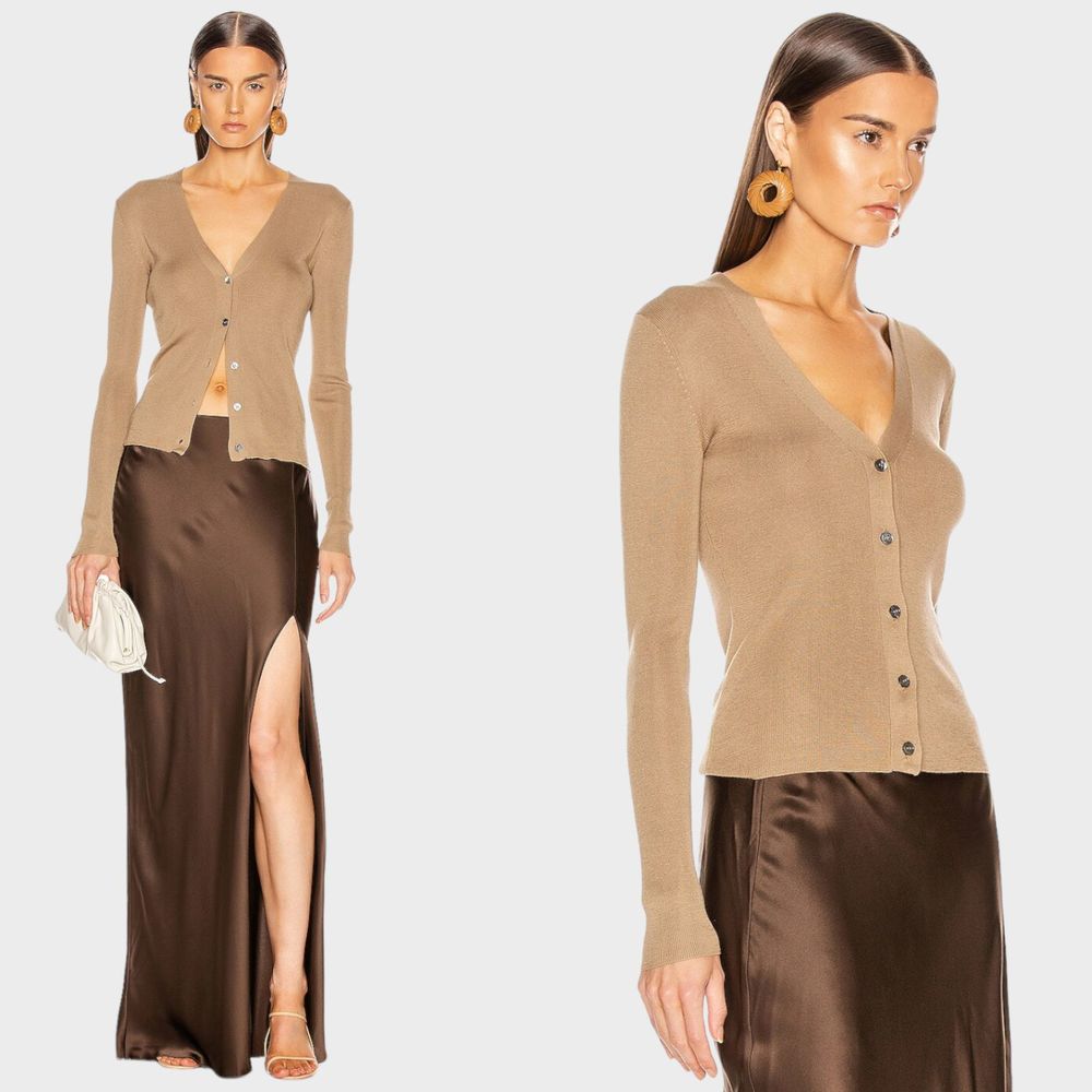 NILI LOTAN Ludlow Silk Cardigan Tan Button Lightweight Knit Women's XS